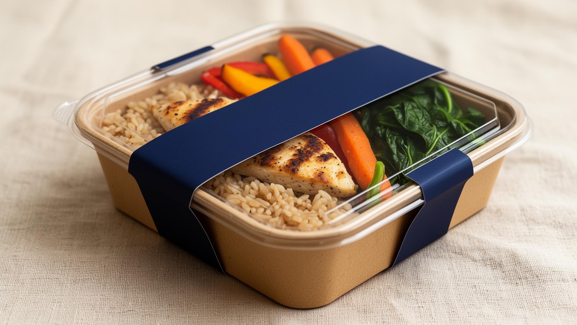 A freshly packaged medically tailored meal of grilled chicken, brown rice, roasted peppers, carrots, and sautéed spinach